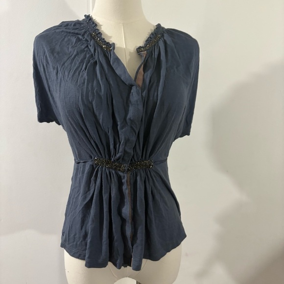 Anthropologie One September Beaded Tie Front Blouse Blue Sz Pet. Boho Fairy Y2K - Picture 1 of 14